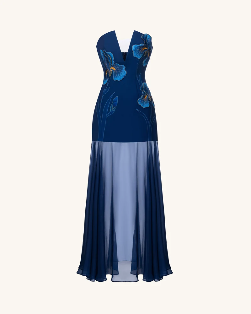 Iris Besticktes Maxikleid mit tiefem Ausschnitt und transparentem Überwurf – Marineblau