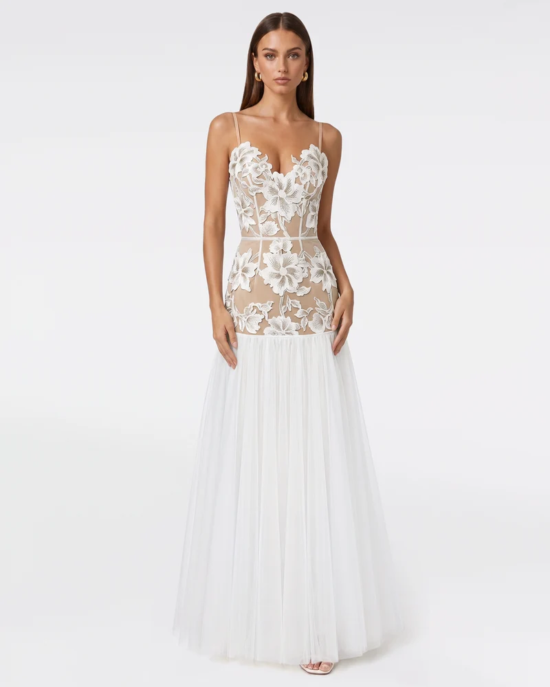 Transparentes Tüll-Maxikleid mit Blüten-Applikationen - Weiß