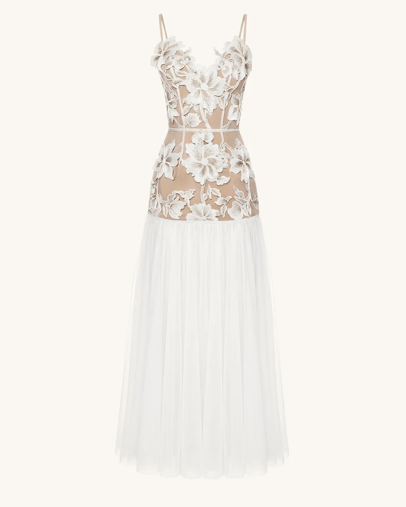 Transparentes Tüll-Maxikleid mit Blüten-Applikationen - Weiß