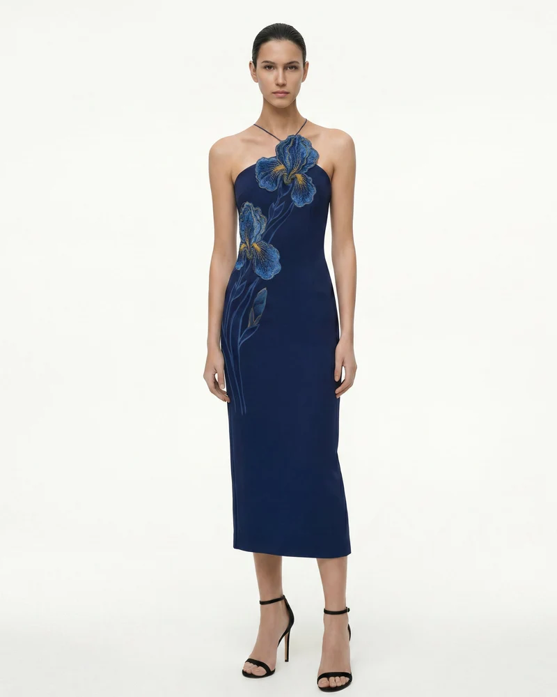 Neckholder-Midikleid mit Iris-Stickerei - Marineblau