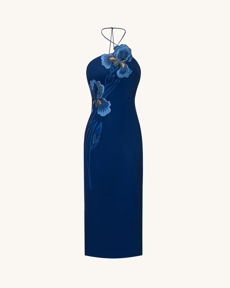 Neckholder-Midikleid mit Iris-Stickerei - Marineblau