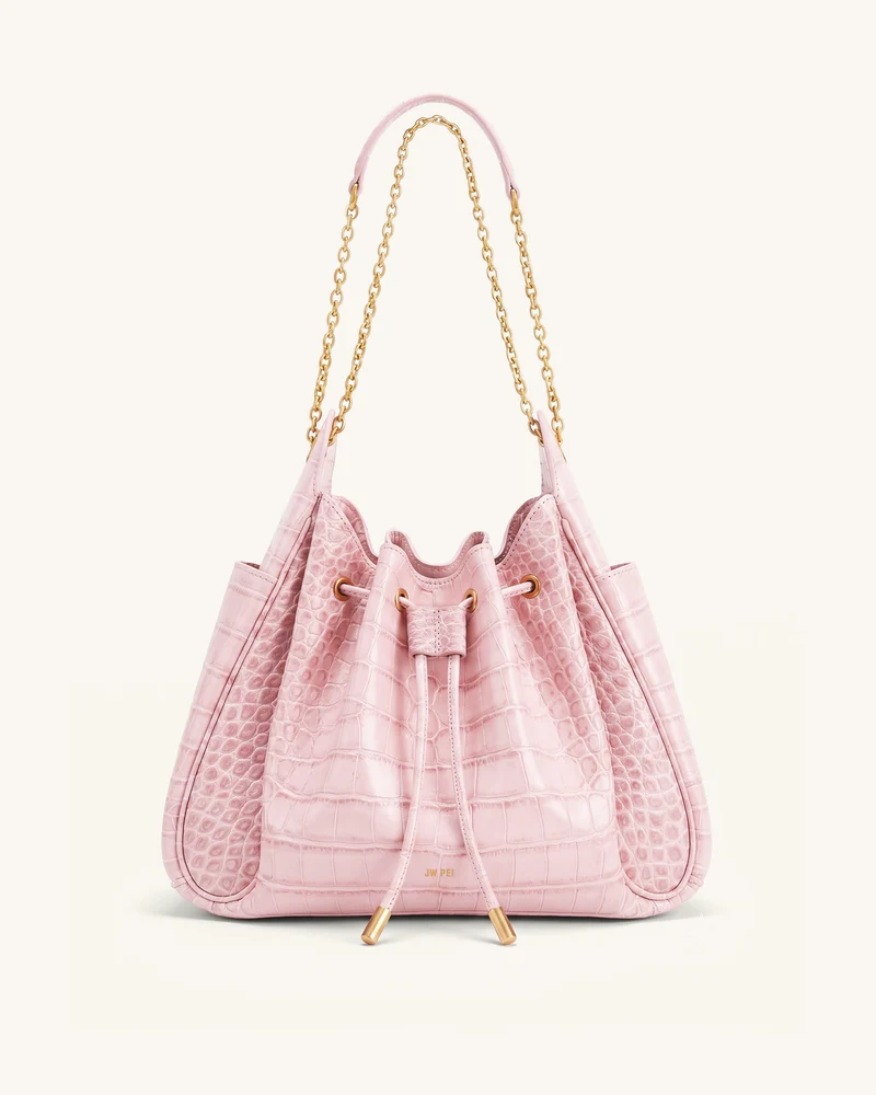 Rowan Raffierte Kordelzug-Ketten-Bucket-Bag - Pink Krokodilloptik