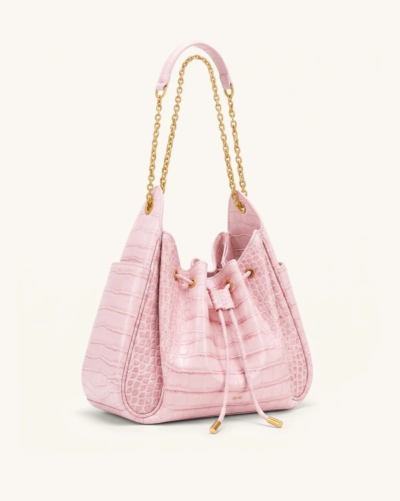 Rowan Raffierte Kordelzug-Ketten-Bucket-Bag - Pink Krokodilloptik