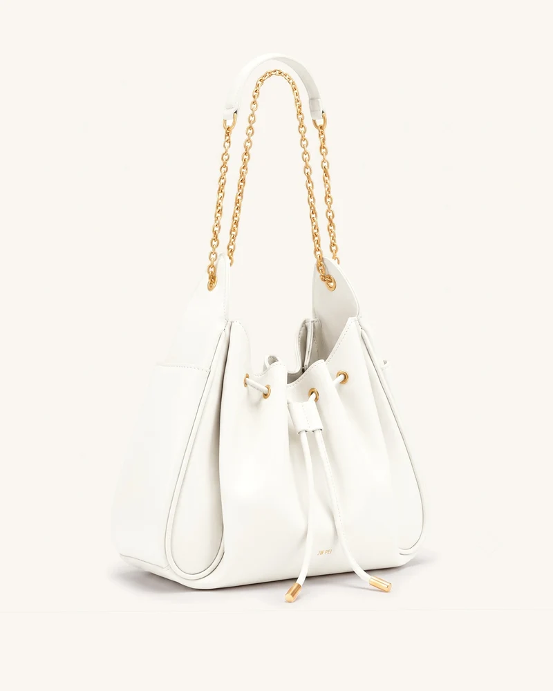 Rowan Raffierte Kordelzug-Ketten-Bucket-Bag - Elfenbein