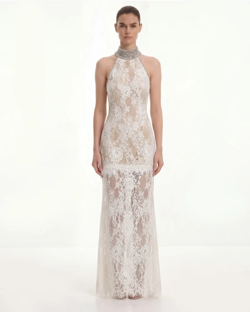 Juwelenbesetztes Neckholder-Kleid aus Spitze - Weiß