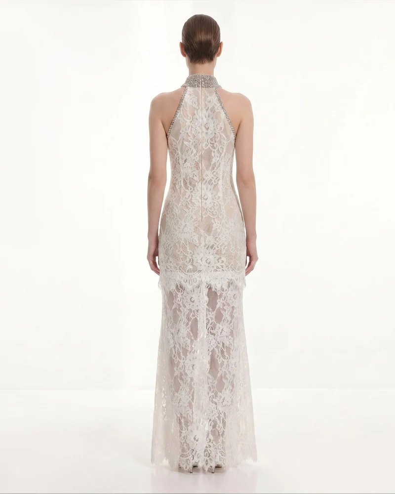 Juwelenbesetztes Neckholder-Kleid aus Spitze - Weiß