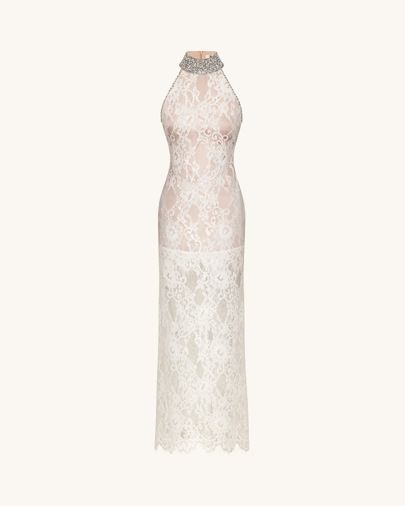 Juwelenbesetztes Neckholder-Kleid aus Spitze - Weiß