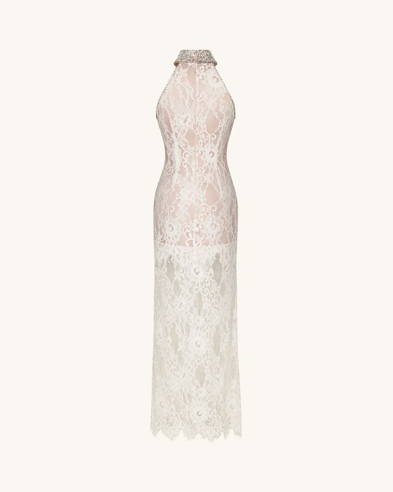 Juwelenbesetztes Neckholder-Kleid aus Spitze - Weiß