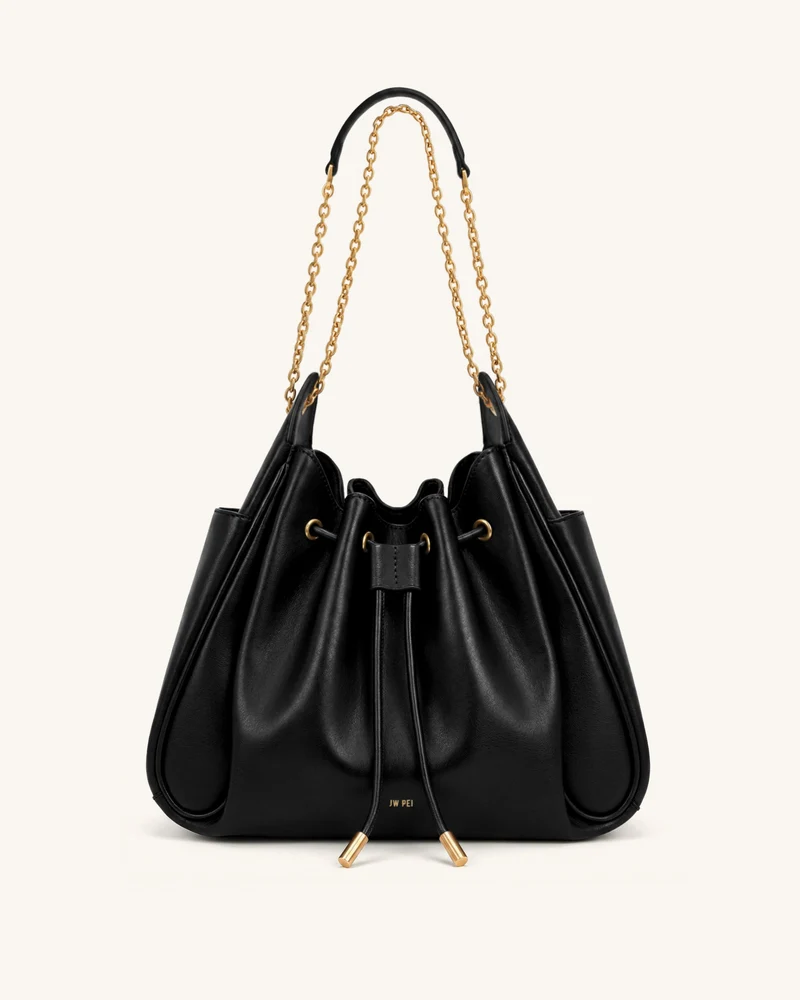Rowan Geraffte Beuteltasche mit Kordelzug und Kette - Schwarz