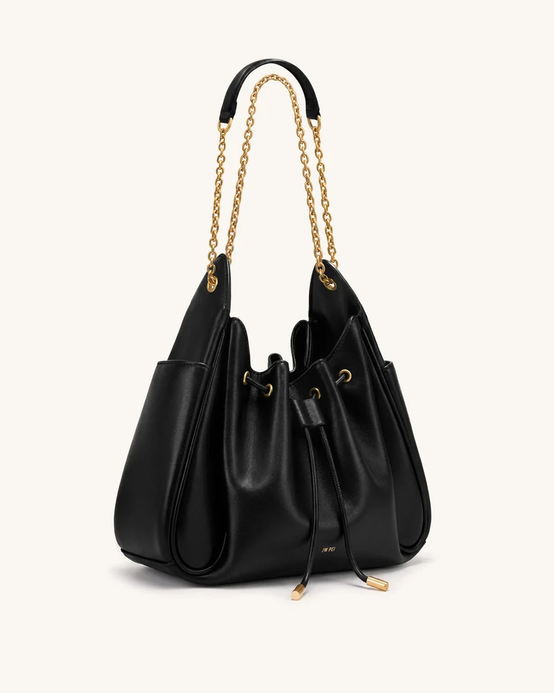 Rowan Geraffte Beuteltasche mit Kordelzug und Kette - Schwarz