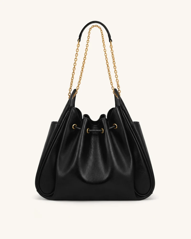 Rowan Geraffte Beuteltasche mit Kordelzug und Kette - Schwarz