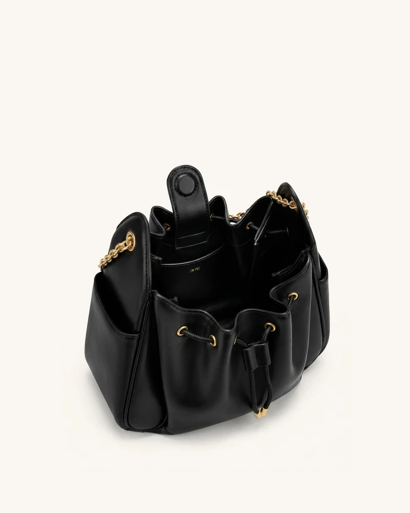 Rowan Geraffte Beuteltasche mit Kordelzug und Kette - Schwarz