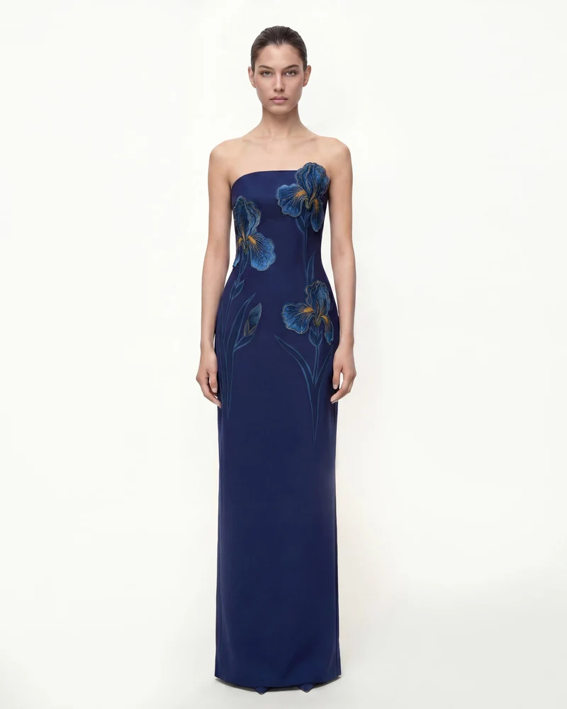 Trägerloses Maxikleid mit Iris-Stickerei - Marineblau