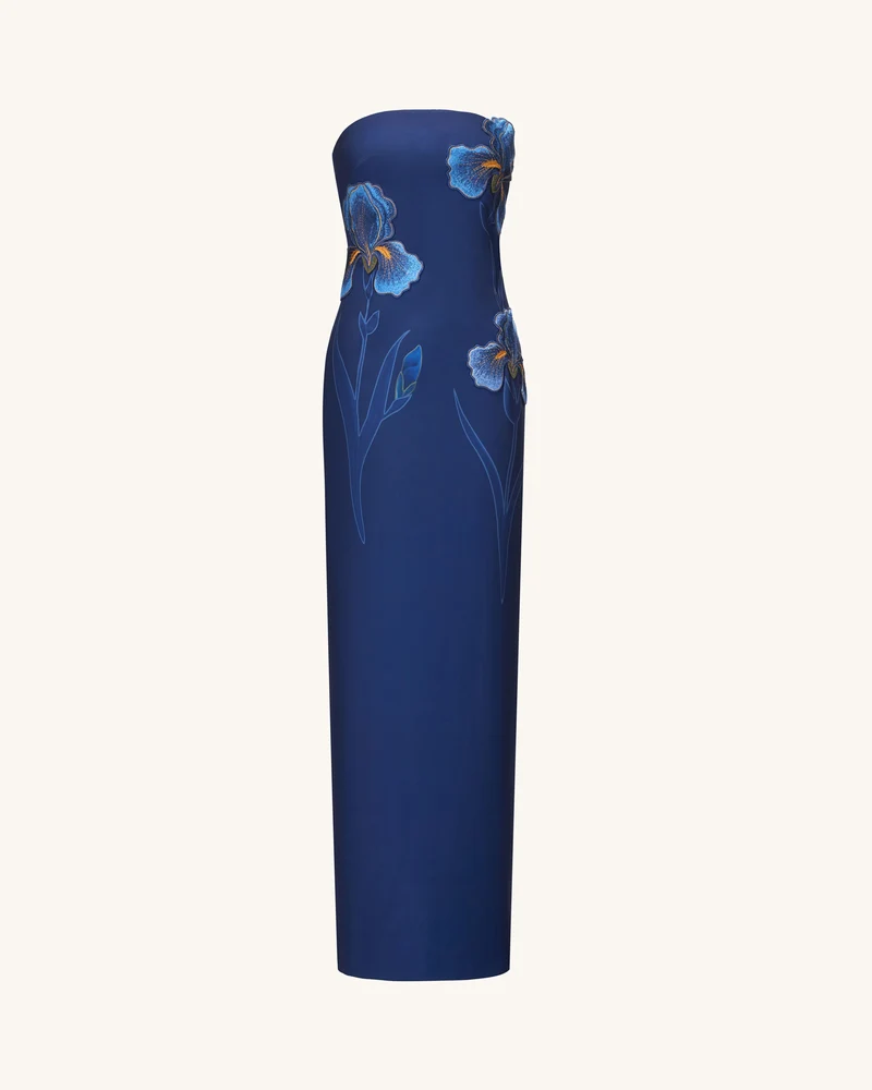 Trägerloses Maxikleid mit Iris-Stickerei - Marineblau