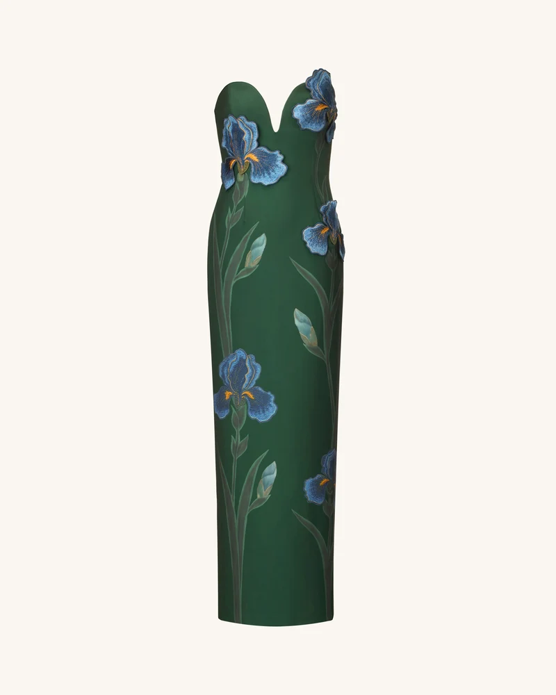 Trägerloses Maxikleid mit Iris-Stickerei und Kerbausschnitt – Smaragdgrün
