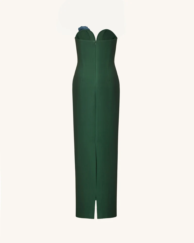 Trägerloses Maxikleid mit Iris-Stickerei und Kerbausschnitt – Smaragdgrün