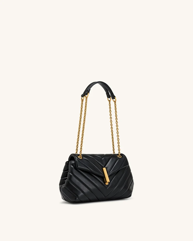 Valerie Gesteppte Schultertasche mit Überschlag und Kette - Schwarz
