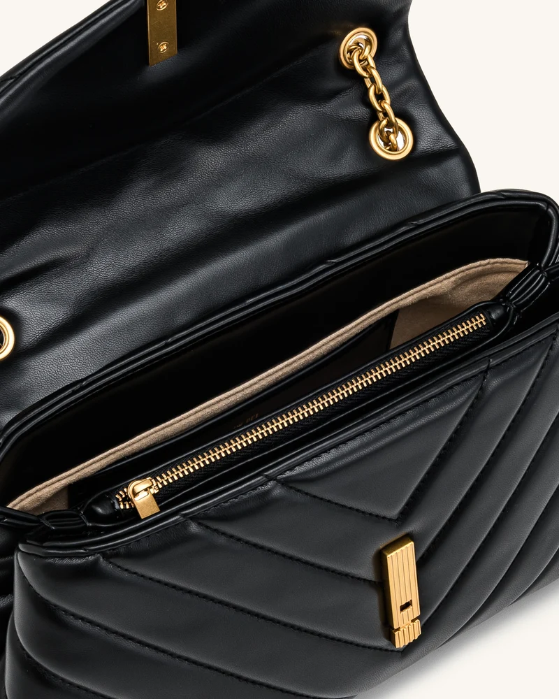 Valerie Gesteppte Schultertasche mit Überschlag und Kette - Schwarz