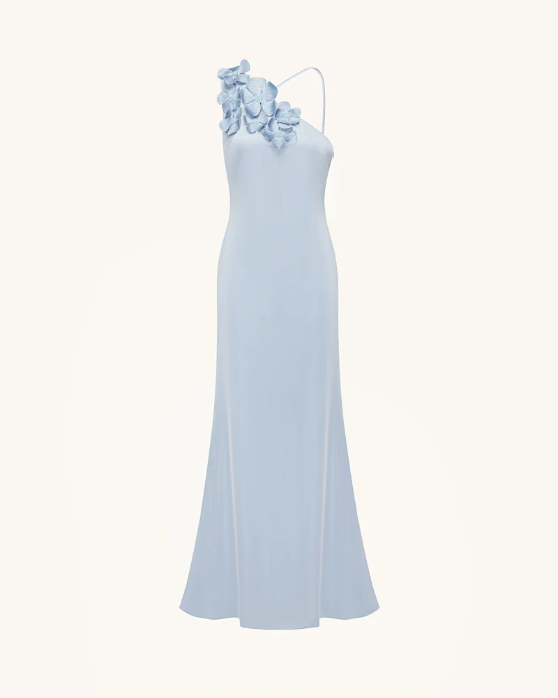 One-Schulter-Maxikleid mit Blumenapplikationen - Hellblau