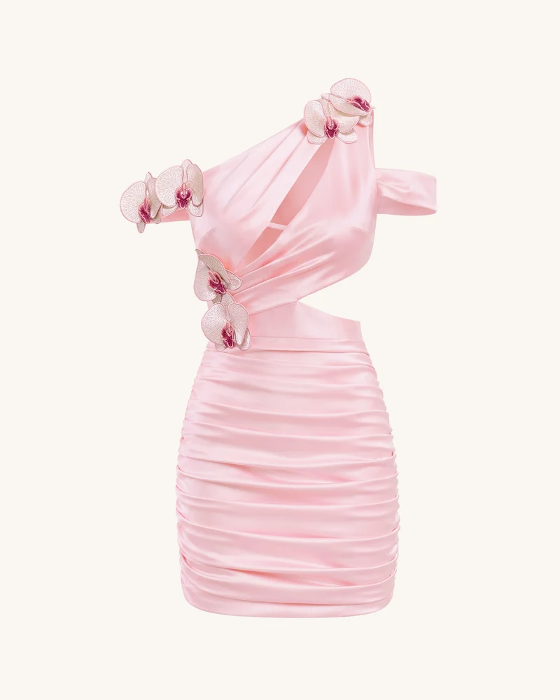 Gerafftes Cut-out-Minikleid mit Orchideen-Stickerei - Blush-Pink