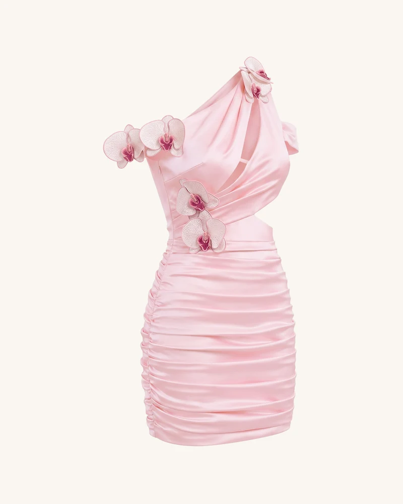 Gerafftes Cut-out-Minikleid mit Orchideen-Stickerei - Blush-Pink