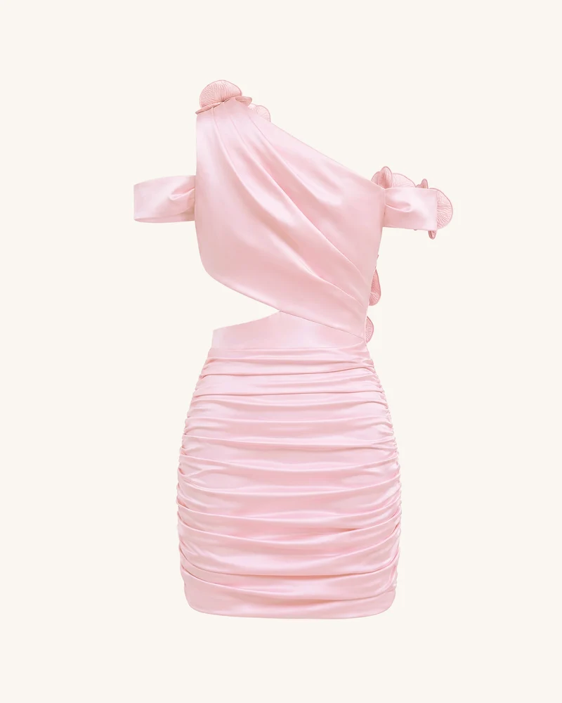 Gerafftes Cut-out-Minikleid mit Orchideen-Stickerei - Blush-Pink