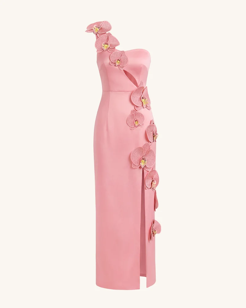 Maxikleid mit Orchideen-Verzierung, Cut-out und Schlitz - Blush-Pink
