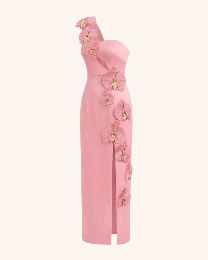 Maxikleid mit Orchideen-Verzierung, Cut-out und Schlitz - Blush-Pink
