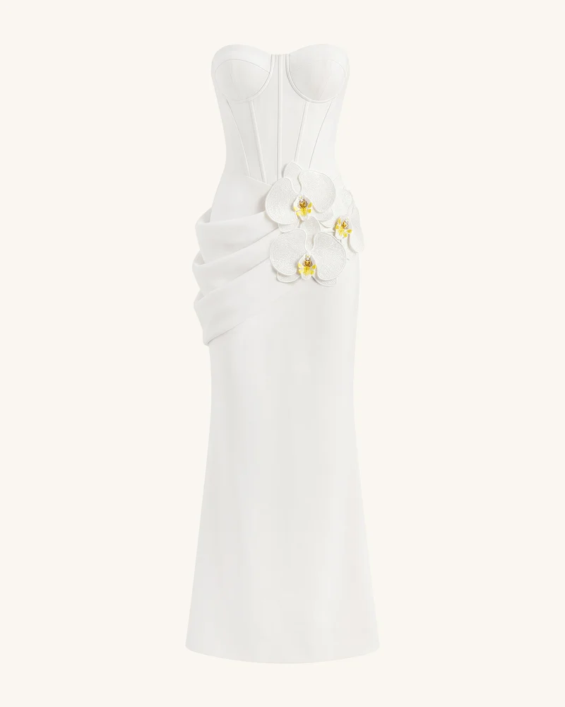 Korsett-Maxikleid mit Orchideen-Verzierung - Weiß