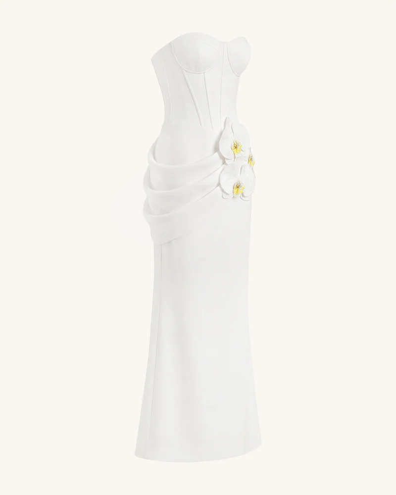 Korsett-Maxikleid mit Orchideen-Verzierung - Weiß