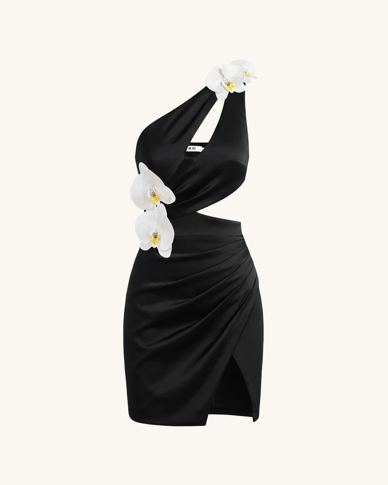 Cut-out-Minikleid mit Orchideen-Verzierung - Schwarz
