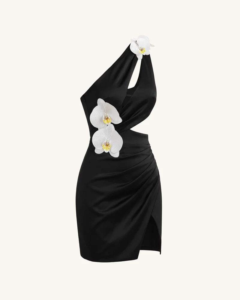 Cut-out-Minikleid mit Orchideen-Verzierung - Schwarz