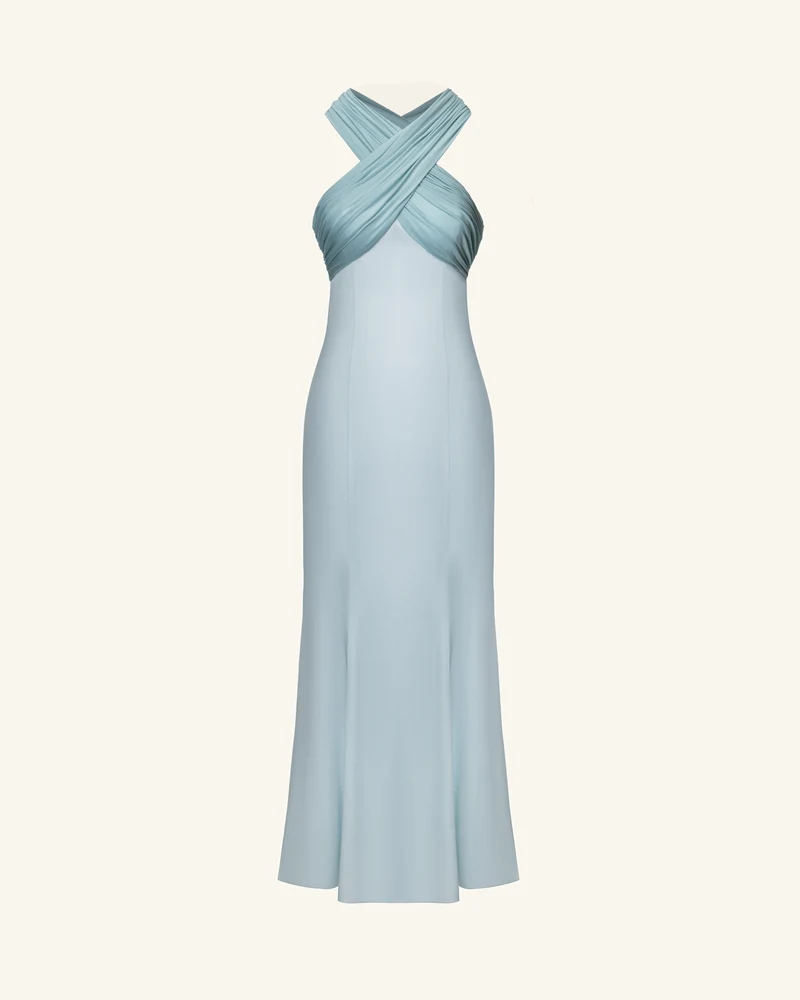 Plissee-Maxikleid aus Satin mit überkreuztem Neckholder – Staubblau
