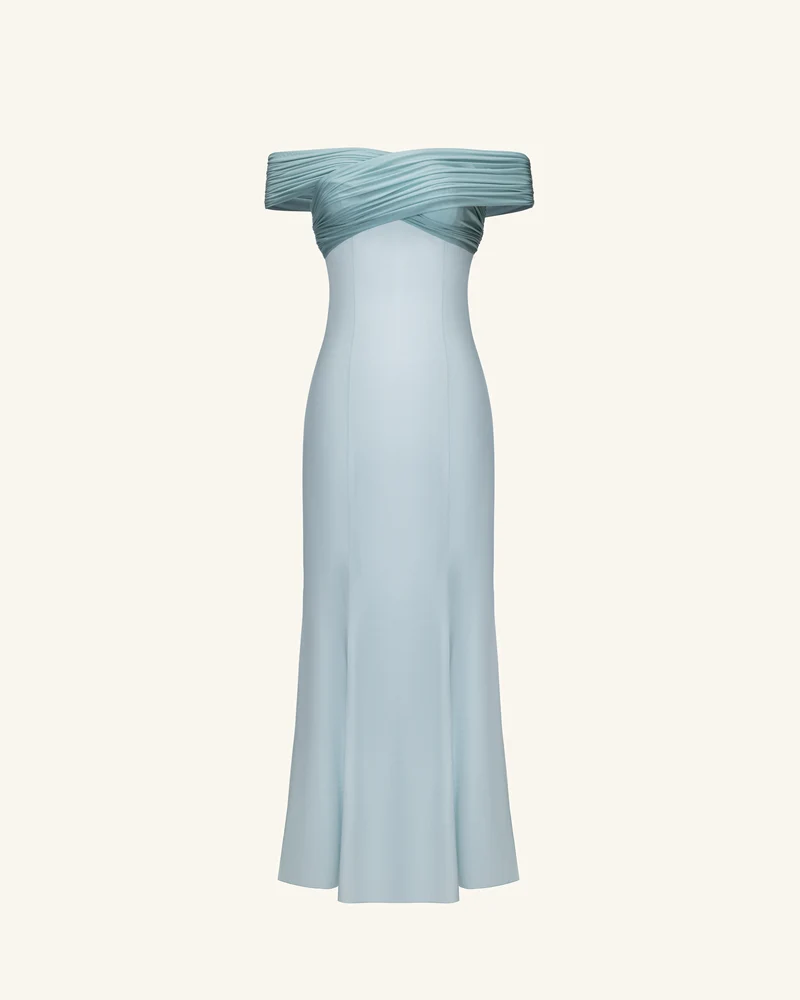 Plissee-Maxikleid aus Satin mit überkreuztem Neckholder – Staubblau