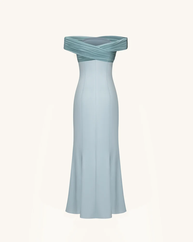 Plissee-Maxikleid aus Satin mit überkreuztem Neckholder – Staubblau