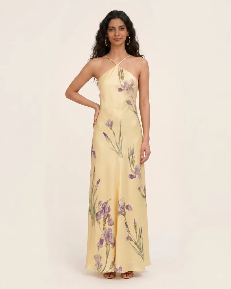 Iris Maxikleid mit Print, überkreuztem Neckholder und offenem Rücken – Gelb