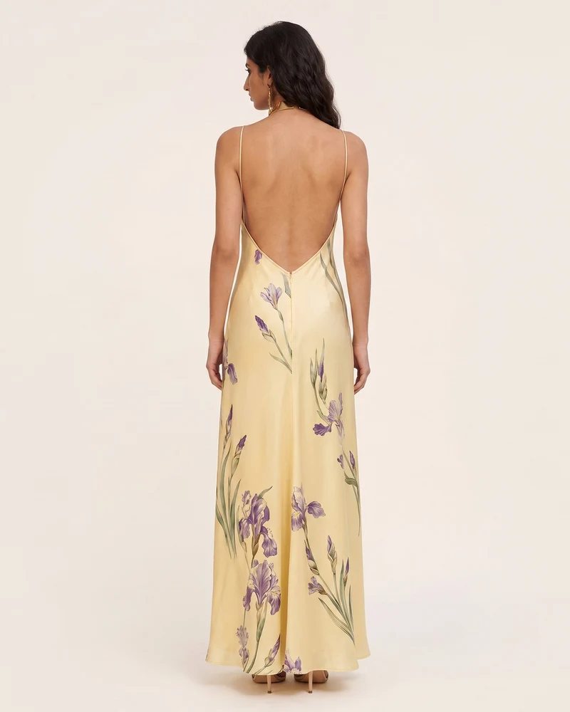 Iris Maxikleid mit Print, überkreuztem Neckholder und offenem Rücken – Gelb