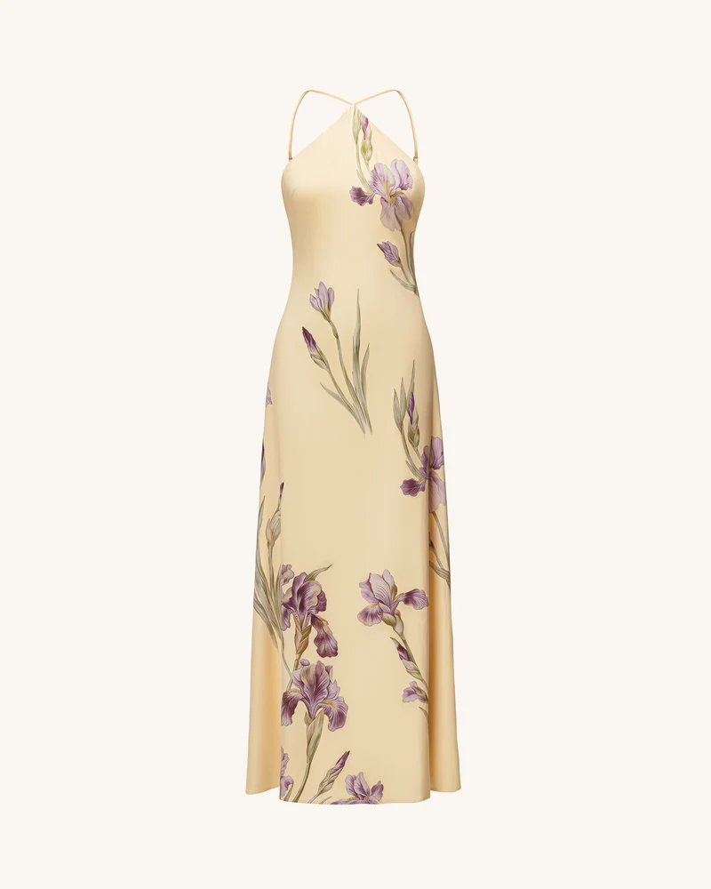 Iris Maxikleid mit Print, überkreuztem Neckholder und offenem Rücken – Gelb