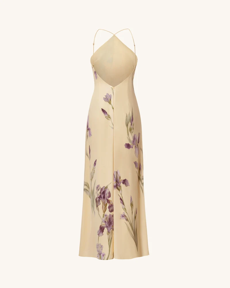 Iris Maxikleid mit Print, überkreuztem Neckholder und offenem Rücken – Gelb