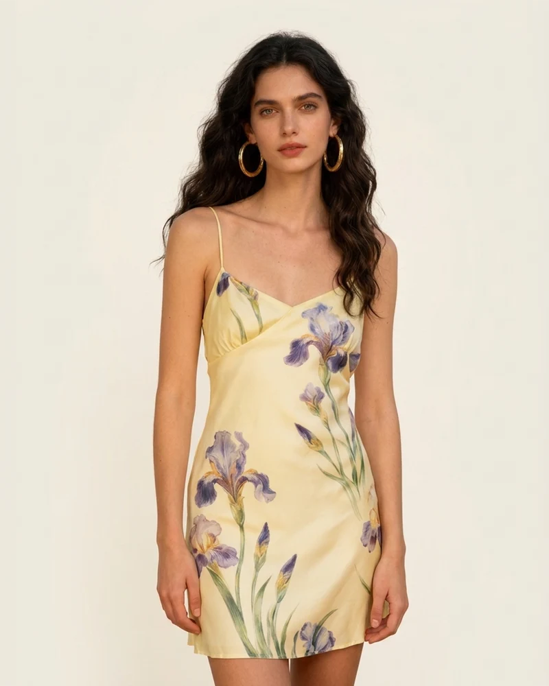 Iris Satin-Minikleid mit Print und Trägern – Pastellgelb