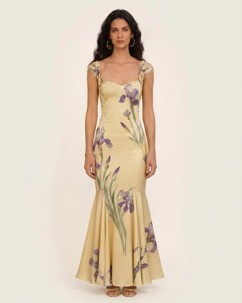 Iris Satin-Maxikleid im Meerjungfrauen-Stil mit Print – Pastellgelb