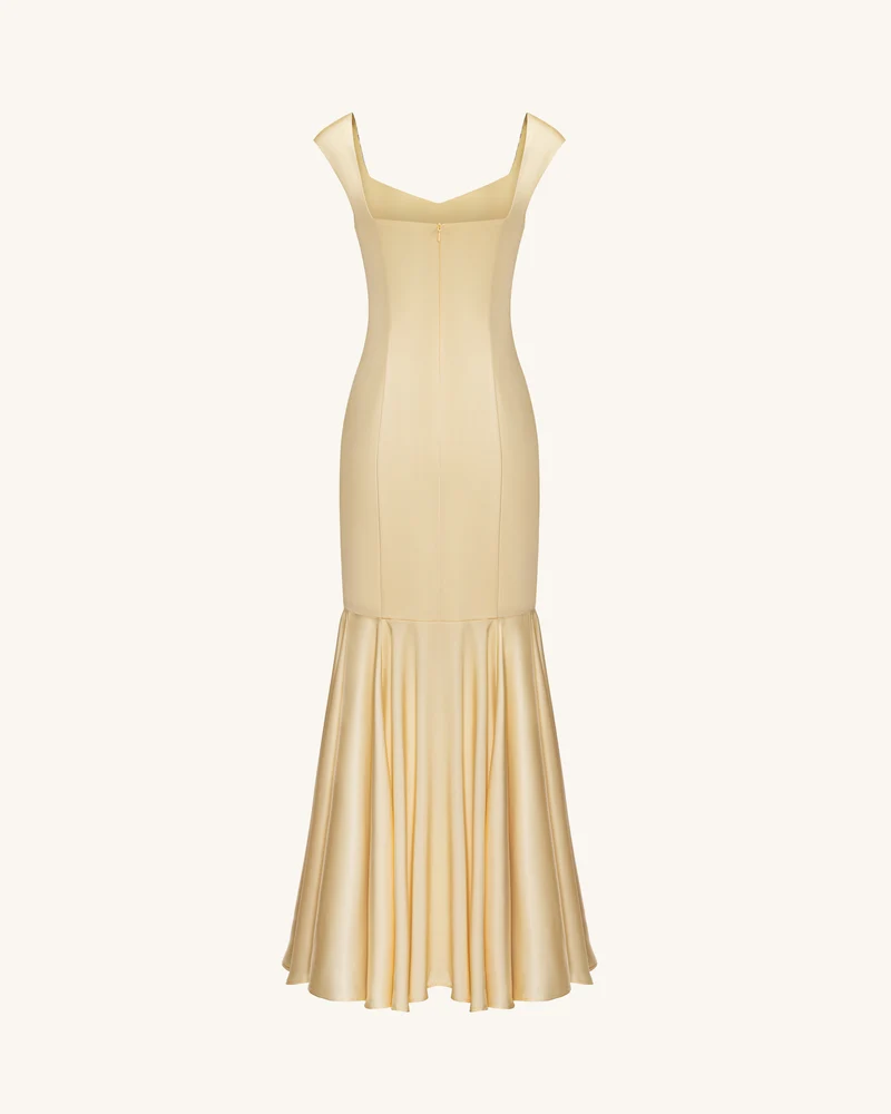 Iris Satin-Maxikleid im Meerjungfrauen-Stil mit Print – Pastellgelb