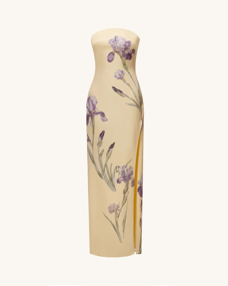 Iris Trägerloses Satin-Maxikleid mit Print und Schlitz – Pastellgelb