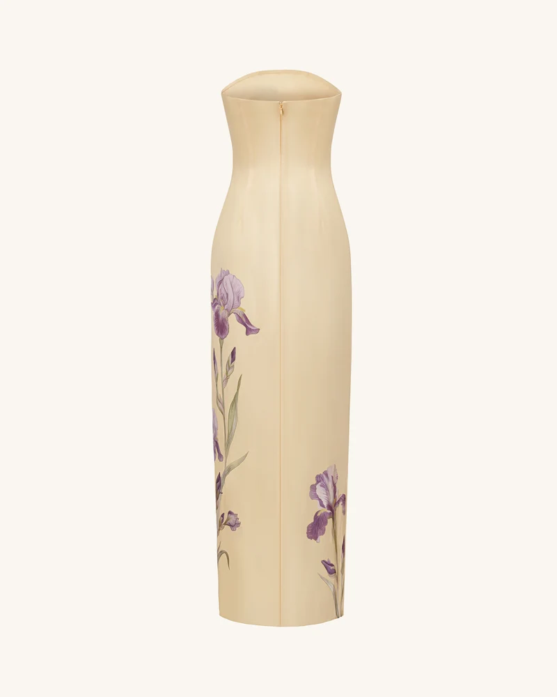 Iris Trägerloses Satin-Maxikleid mit Print und Schlitz – Pastellgelb