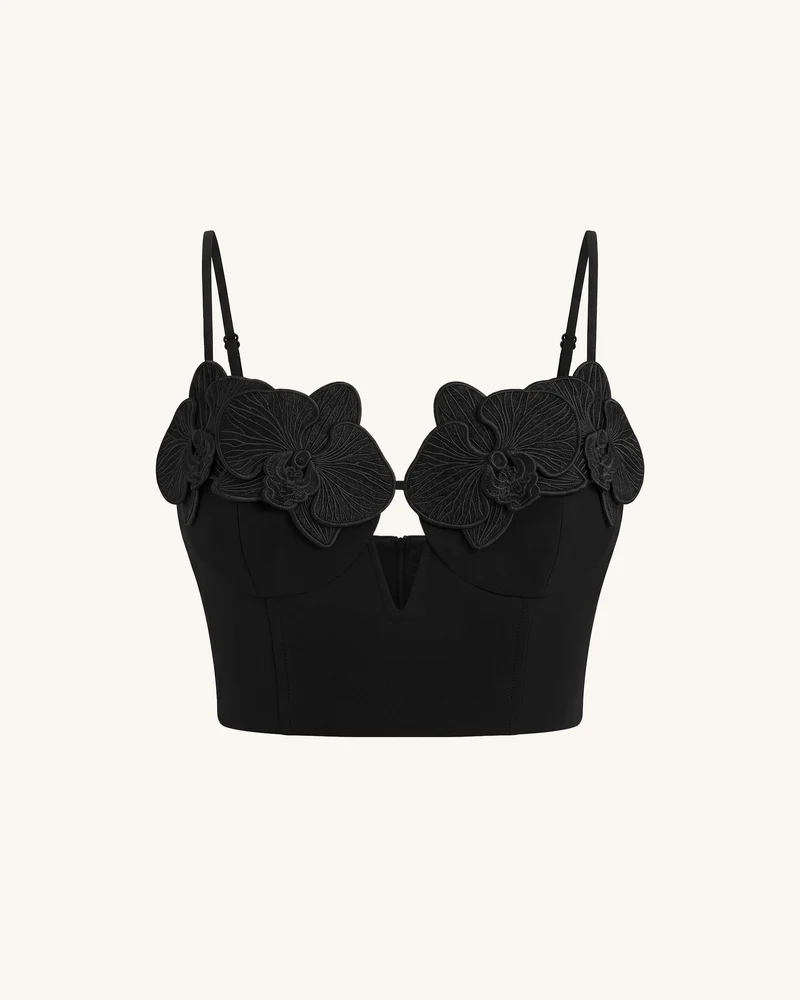 Korsett-Bustier-Top mit Orchideen-Stickerei-Applikation - Schwarz