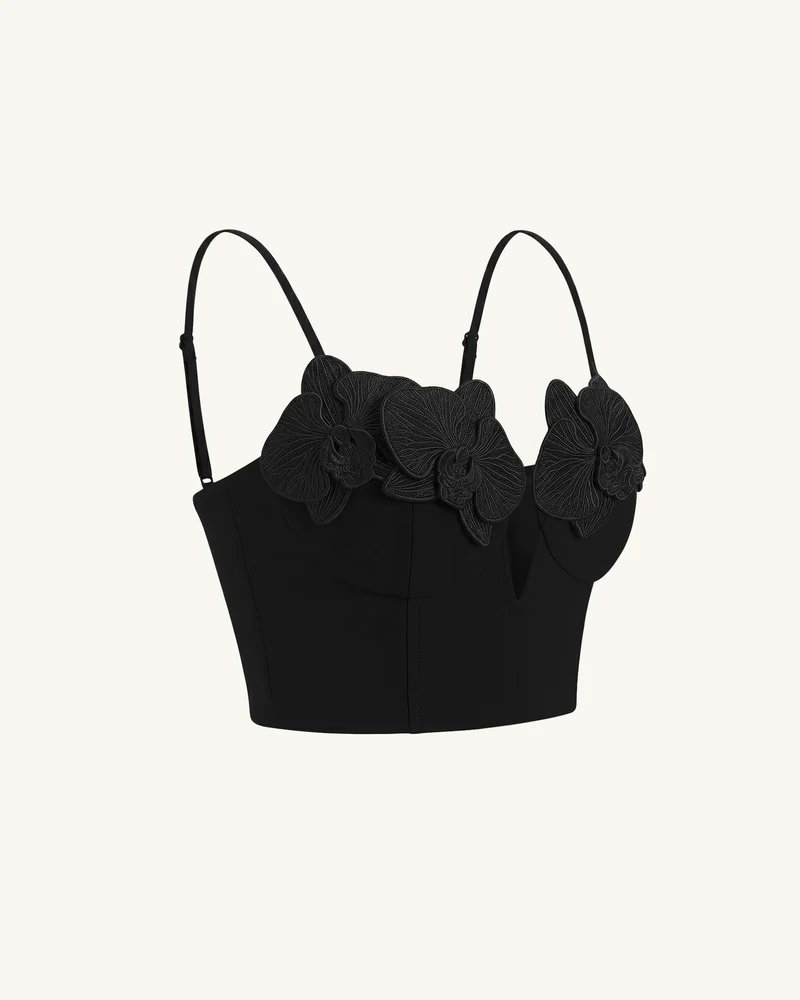 Korsett-Bustier-Top mit Orchideen-Stickerei-Applikation - Schwarz