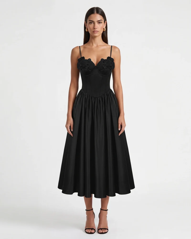 Korsett-Maxikleid mit Orchideen-Stickerei-Applikation - Schwarz
