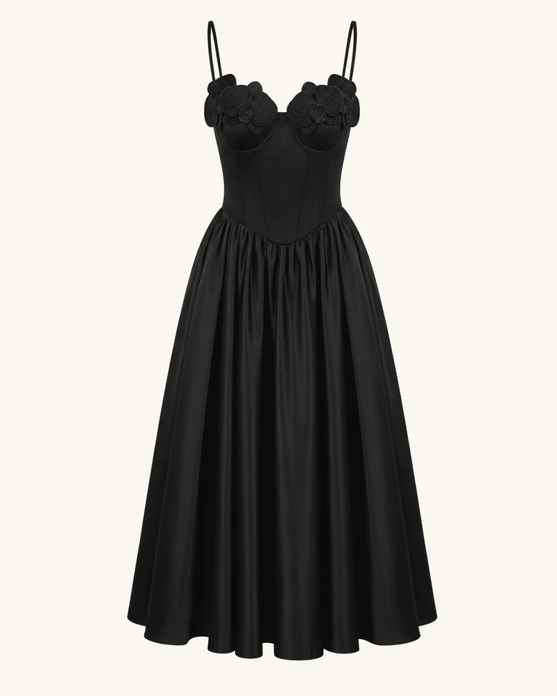 Korsett-Maxikleid mit Orchideen-Stickerei-Applikation - Schwarz