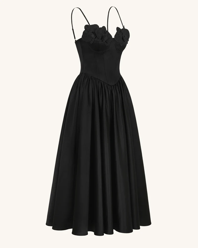 Korsett-Maxikleid mit Orchideen-Stickerei-Applikation - Schwarz