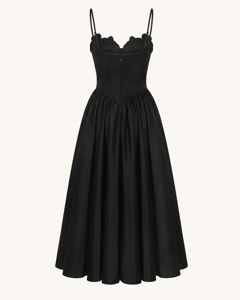 Korsett-Maxikleid mit Orchideen-Stickerei-Applikation - Schwarz